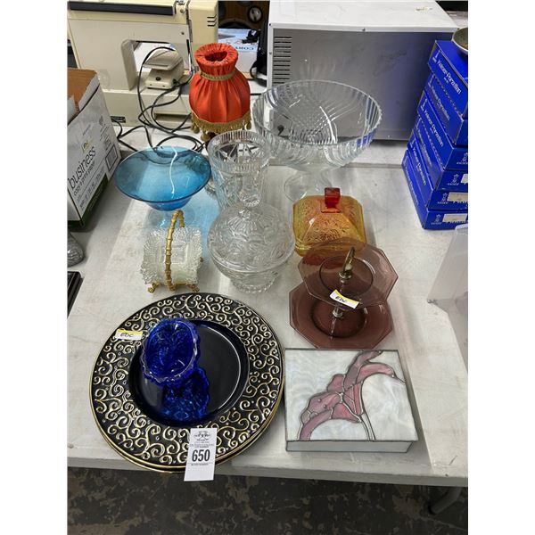 Art Glass, Carnival Glass, Bowls, Ashtrays, Serving Plates, Leaded Glass Box, Lamp