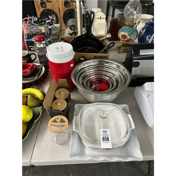 Cast Skillets, Mixing Bowls, Bake Pan, Jars, Beverage Cooler