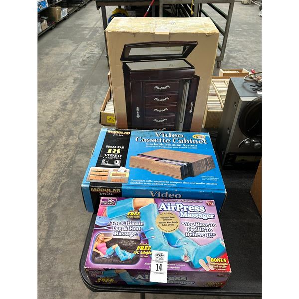 Air Press Massager, Video Cassette Cabinet, Jewelry Box