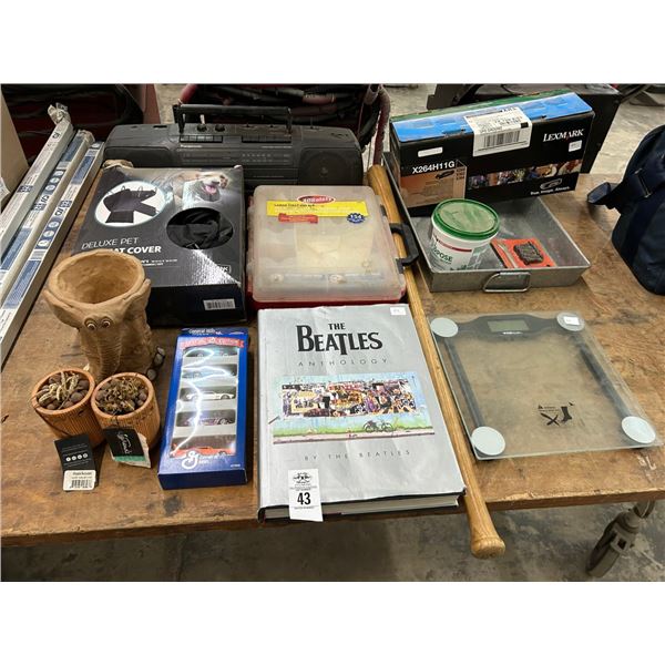 Beatles/Dolly Coffee Table Books, Planters, Car Seat Cover, Boombox, Toner, Scale