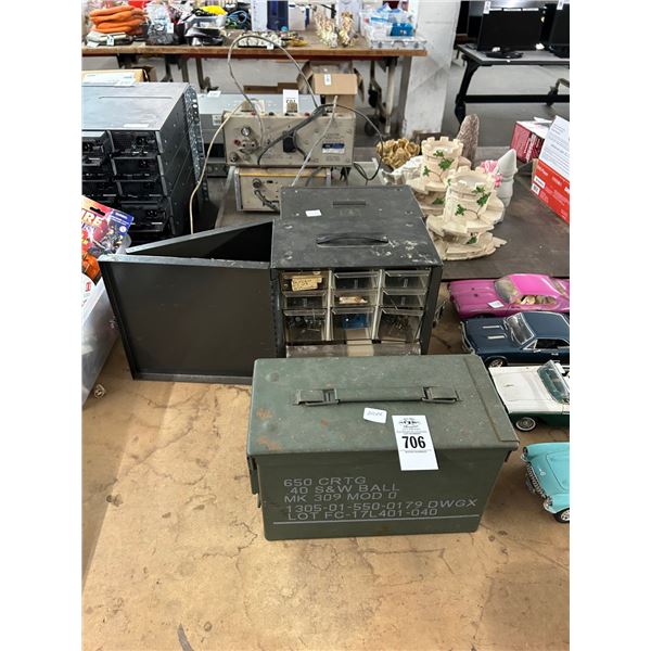 Ammo Box, Hardware Bins w/Some Hardware