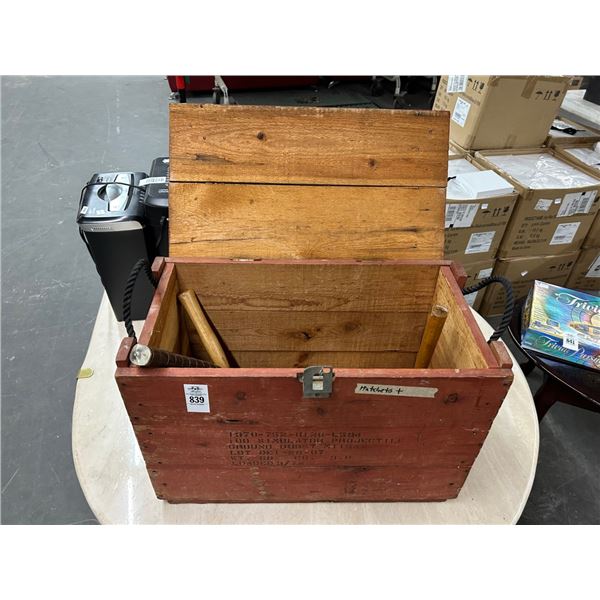 Wooden Explosives Box, Hatchet, Sledge, Asst. Tool Handles
