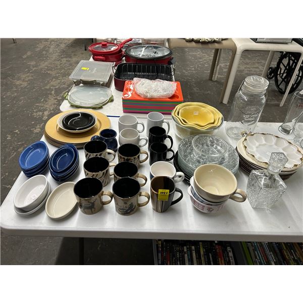 Jar w/Spigot, Plate Caddies, Dishes, Mugs