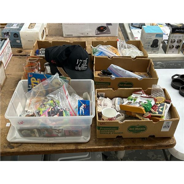 Boxes 6 w/Poker Chips, Fishing Weights, Utensils, Souvenir Mugs, Décor, More