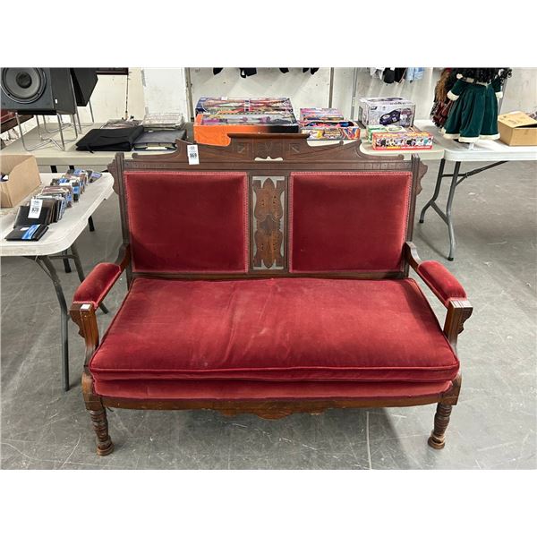 Carved Mission Style Mahogany w/Maroon Padded Antique Bench