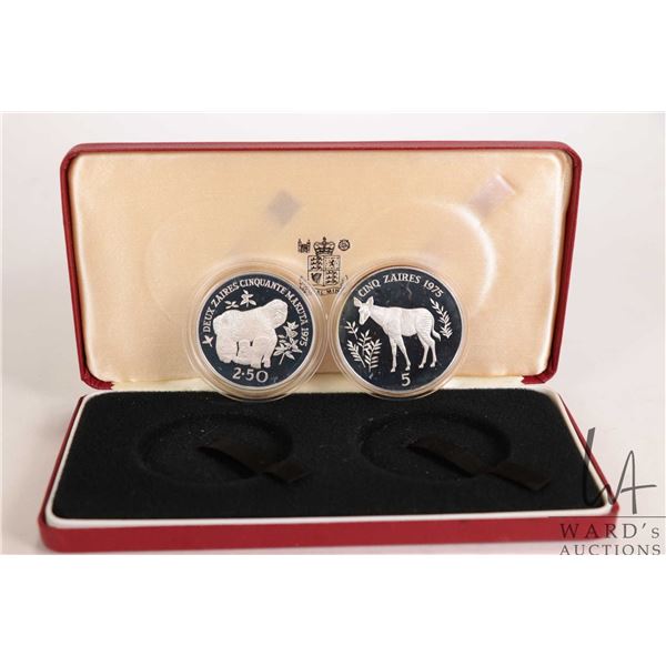 1975 Royal Mint two coin collector set including "Zaires" a $2.5 and $5 coins, each .925 sterling si