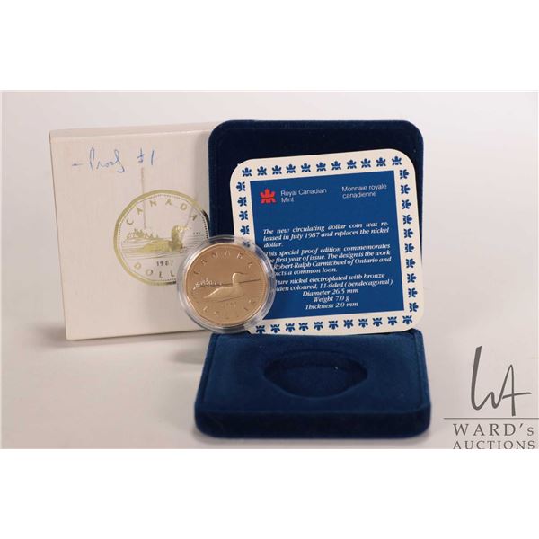 Royal Canadian Mint 1987 collector loonie, nickel silver electroplated with bronze, presentation cas