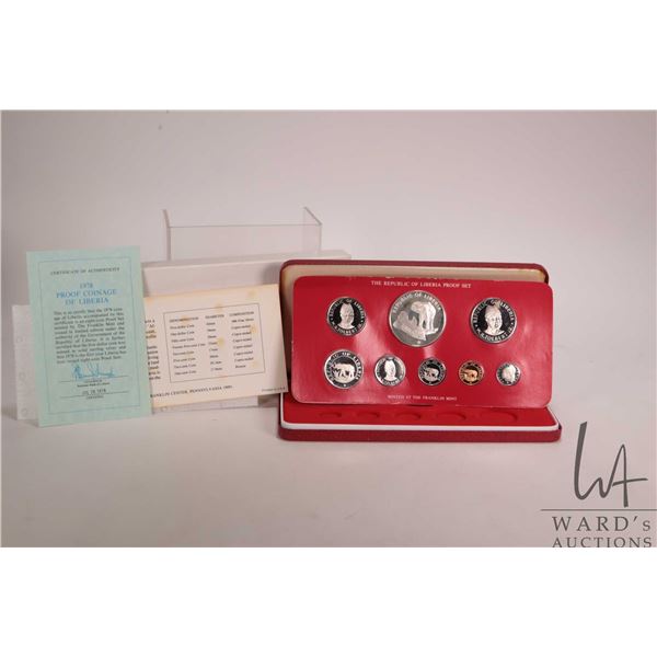 1978 Franklin Mint "Coinage of Liberia" coin set including $5 .900 silver coin, including presentati