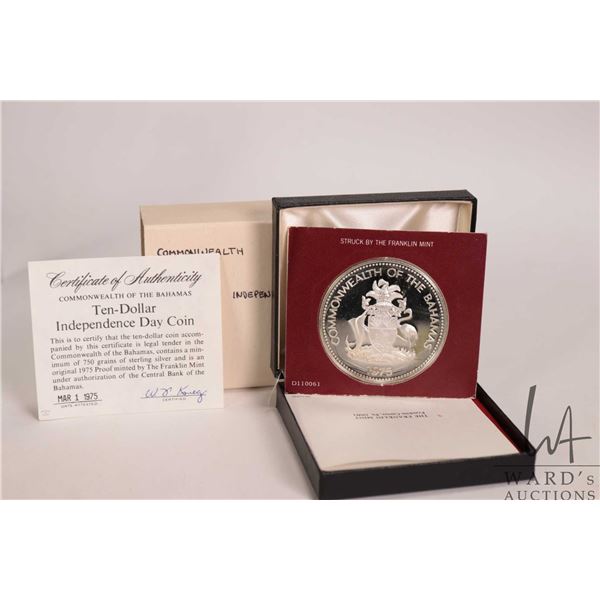 1975 Franklin Mint "Independence Coin of the Bahamas" $10 coin in sterling silver, includes presenta