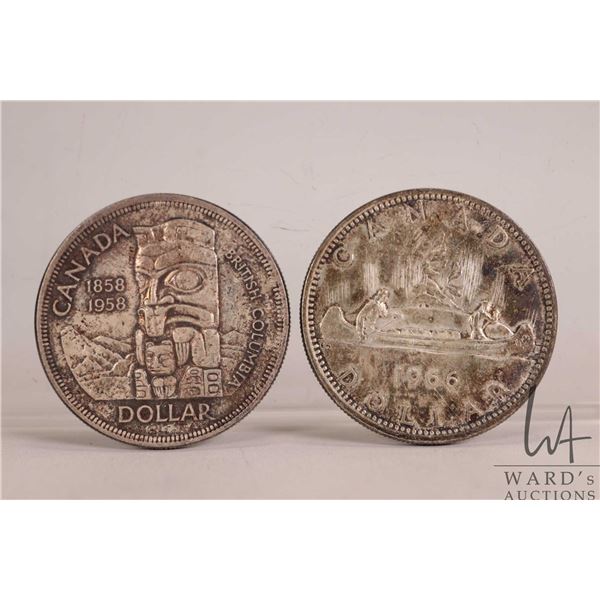 Two Canadian silver dollars including 1958 and 1966