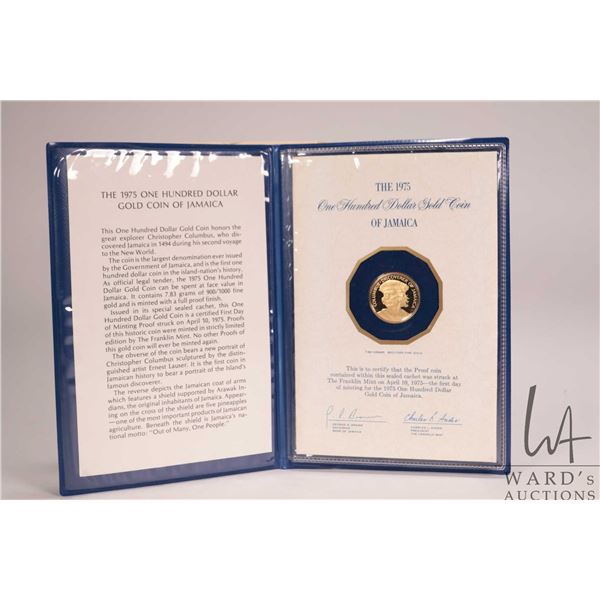 1975 Franklin Mint "Jamaica" .900 proof 100 dollar gold coin with folder and certificate