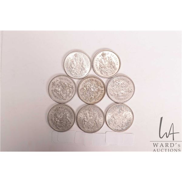 Eight Canadian silver fifty cent pieces including 3 X 1960 and 5 X 1962
