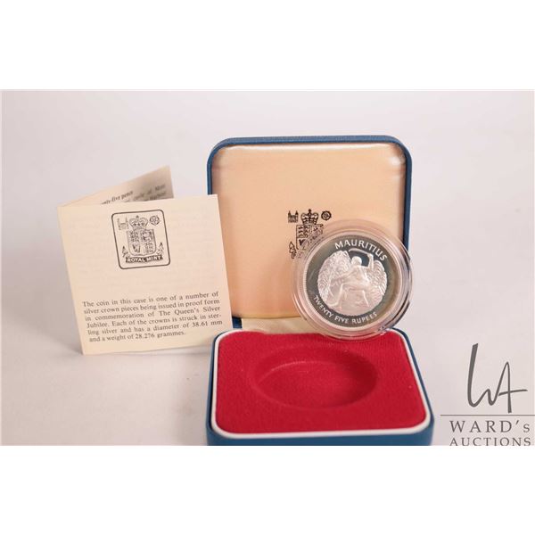 1977 Royal Mint " Mauritius, Queen Elizabeth II Accession" 25 rupees .925 silver coin in presentatio