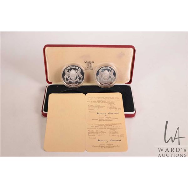 1978 Royal Mint "Botswana" two .925 sterling silver collector coins including 5 pula and 10 pula, in