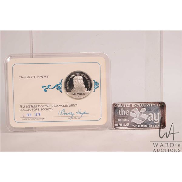 Edmonton Klondike Days and The Bay .999 fine silver once ounce ingot and a 1977 Franklin Mint collec