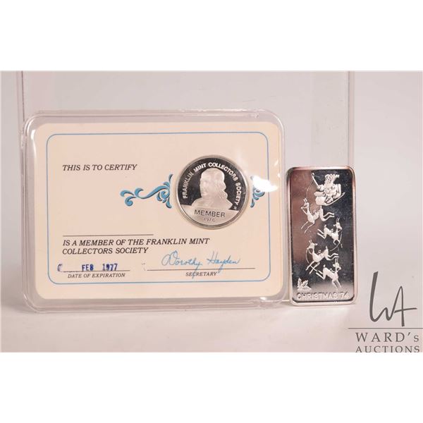 Christmas 1974, .999 fine silver one ounce ingot and a 1976 Franklin Mint collector card with Benjam