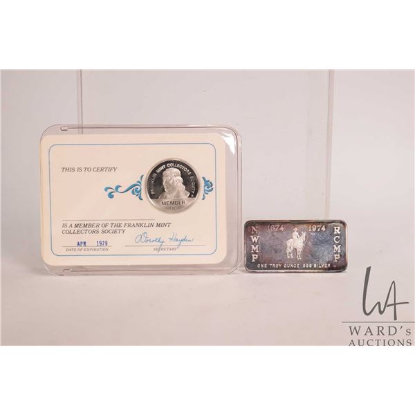 NWMP/ RCMP one ounce .999 fine silver one ounce ingot and a 1978 Franklin Mint collector card with B