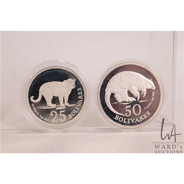 1975 Venezula, two .925 silver coins including 25 bolivares and 50 bolivares