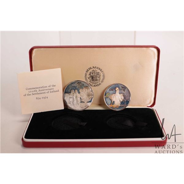 1974 two coin boxed "Iceland" silver proof coin set including 500 Kronur and 1000 Kronur, issued to 