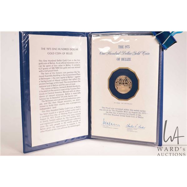 1975 Franklin Mint "Belize" 14kt 100 dollar gold coin with folder and certificate