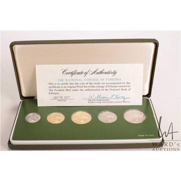 1977 "National Coinage of Ethiopia" five coin proof set, in presentation case with certificate