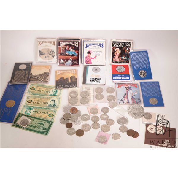 Large selection collector coins and tokens including Klondike dollars, Edmonton Eskimo bills, Jasper