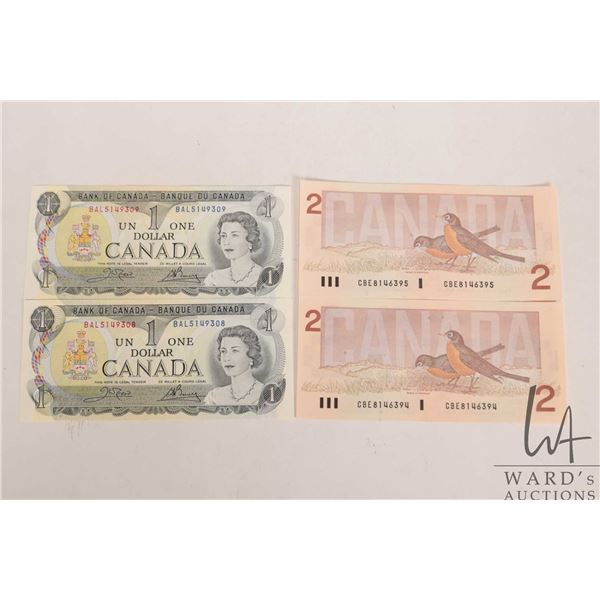 Four Canadian bank notes including consecutively number pair of one dollar bills and a consecutively