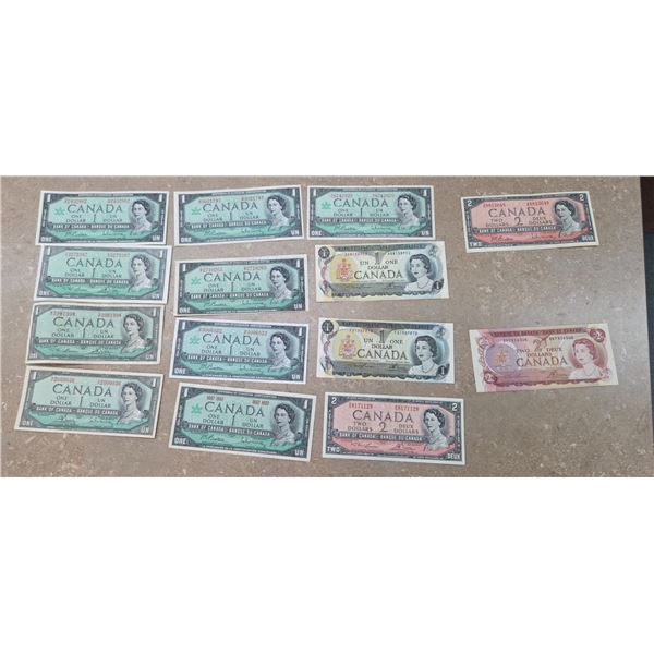Selection of Canadian bank notes including three 1954 one dollar bills, six 1967 one dollar bills, t