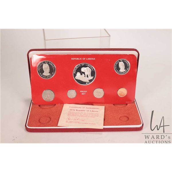 1976 Royal Mint "Republic of Liberia" coin set in presentation case with certificate, $5 coin has .9