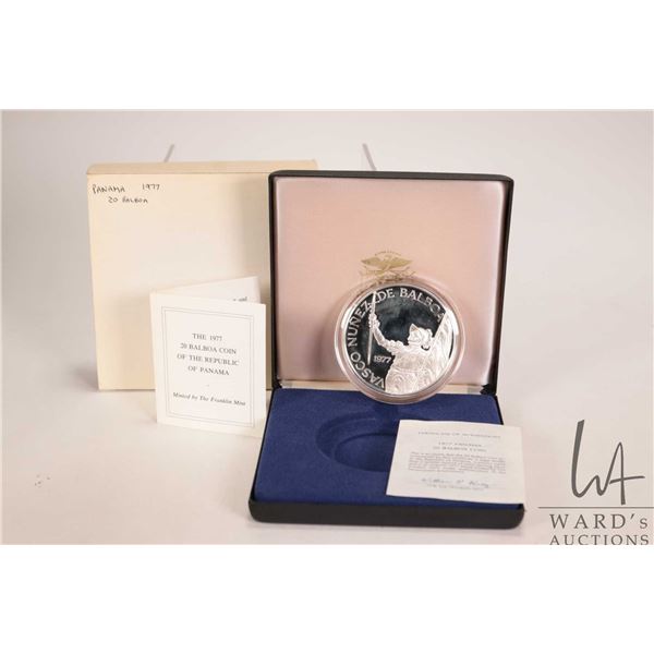 1977 Franklin Mint "Panama" large 20 Balboa 3.854 oz., .925 sterling silver coin featuring Spanish e