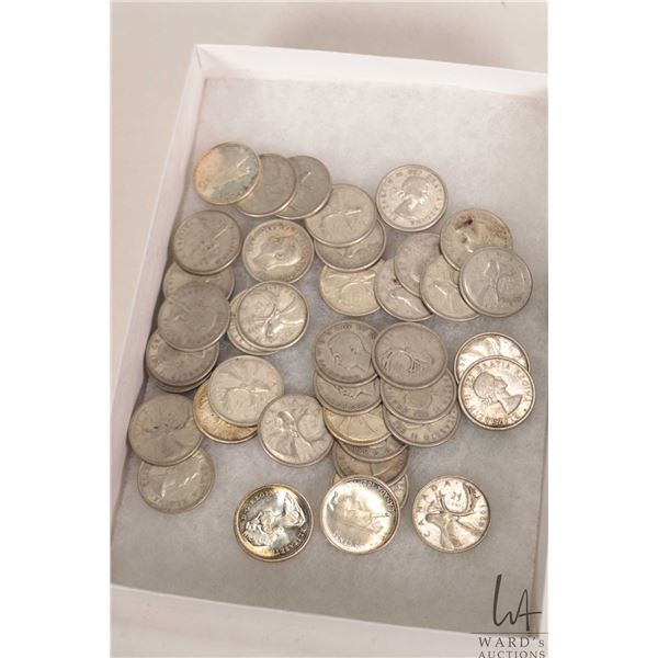 Thirty seven pre-1967 Canadian quarters plus three 1967