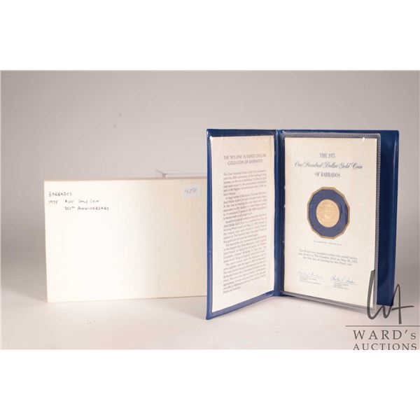 1975 Franklin Mint "Barbados" 14kt 100 dollar gold coin with folder and certificate