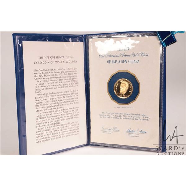 1975 Franklin Mint "Papua New Guinea" .900 proof gold 100 kina coin with folder and certificate