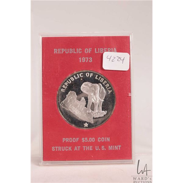 1973 US Mint "Republic of Liberia" $5 , .900 silver coin