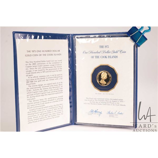 1975 Franklin Mint "Cook Islands" .900 proof 100 dollar gold coin with folder and certificate