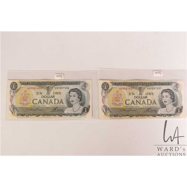 Two Canadian 1973 one dollar bills with sequential serial numbers OR9551436 and OR9551437