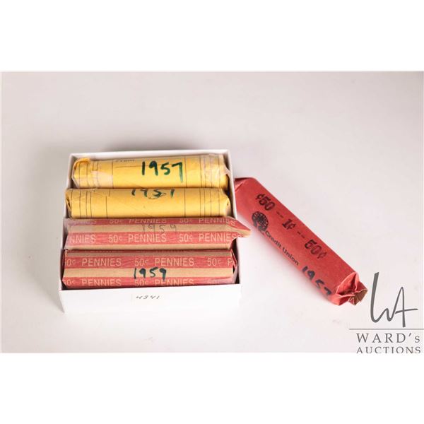 Five rolls of Canadian pennies including 3 X 1957 and 2 X 1959