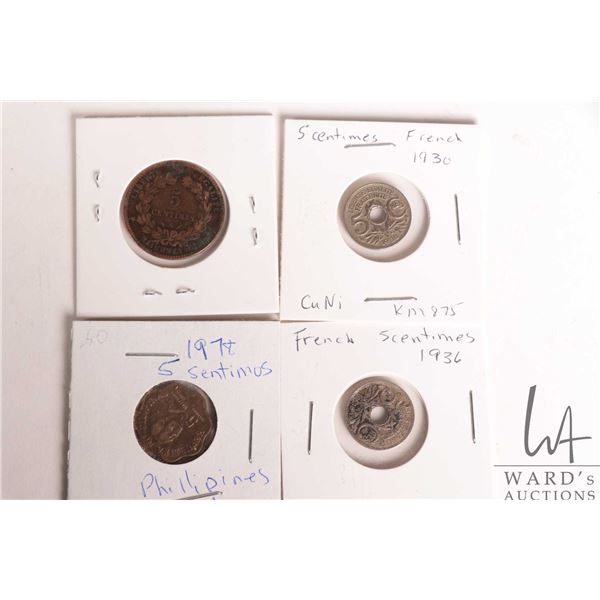 Three French coins five centimes coins including 1897, 1930 and 1936 and a 1978 five Sentimos Philip