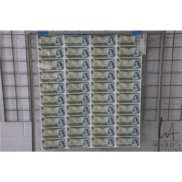 Uncut sheet of forty 1973 Canadian one dollar bills