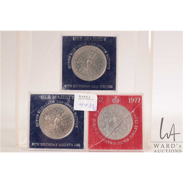 Three British Royalty collectible coins including "1952-1977 H.M. Queen Elizabeth II Silver Jubilee"