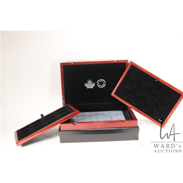 Royal Canadian Mint "Masters Club" collector coin box featuring silver inlaids MC and solid wood vel