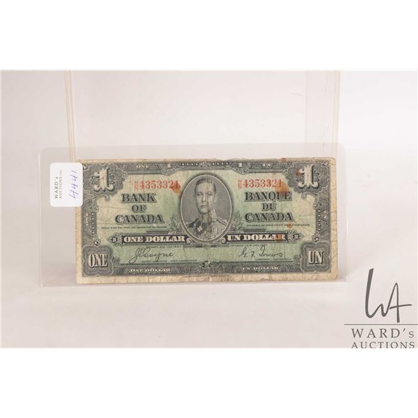 1937 Bank of Canadian $1 bank note in heavily circulated condition