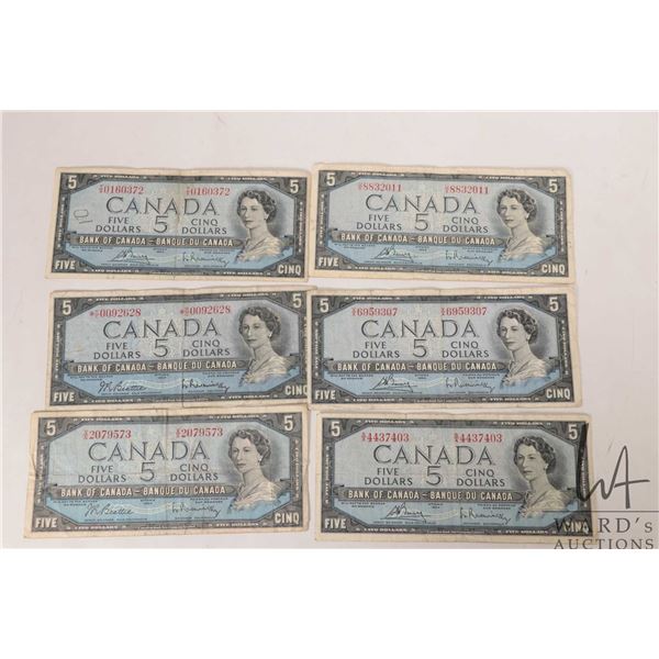 Six 1954 Bank of Canada $5 bills in circulated to heavily circulated condition