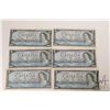 Image 1 : Six 1954 Bank of Canada $5 bills in circulated to heavily circulated condition