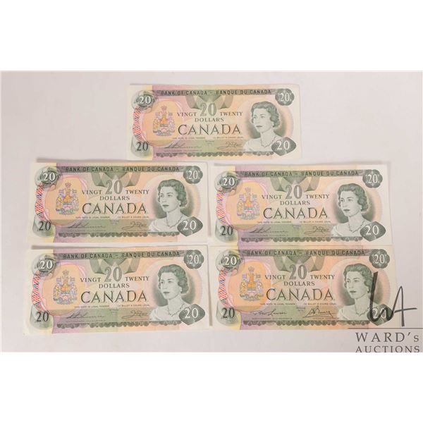 Five 1979 Bank of Canada $20 bills in circulated condition