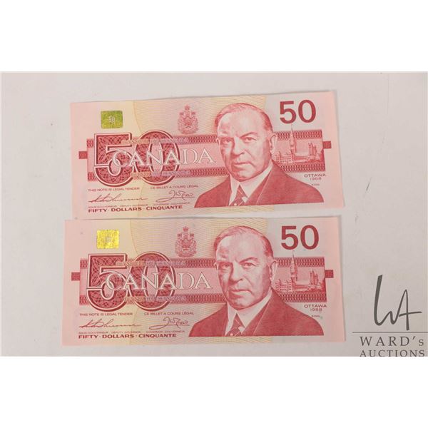 Two consecutively numbered 1988 Bank of Canada $50 bills
