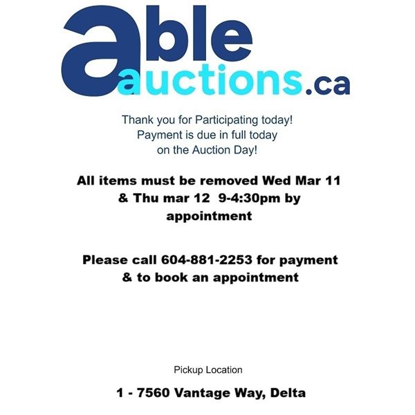 All items must be removed Wed Mar 11 & Thu mar 12  9-4:30pm by appointment