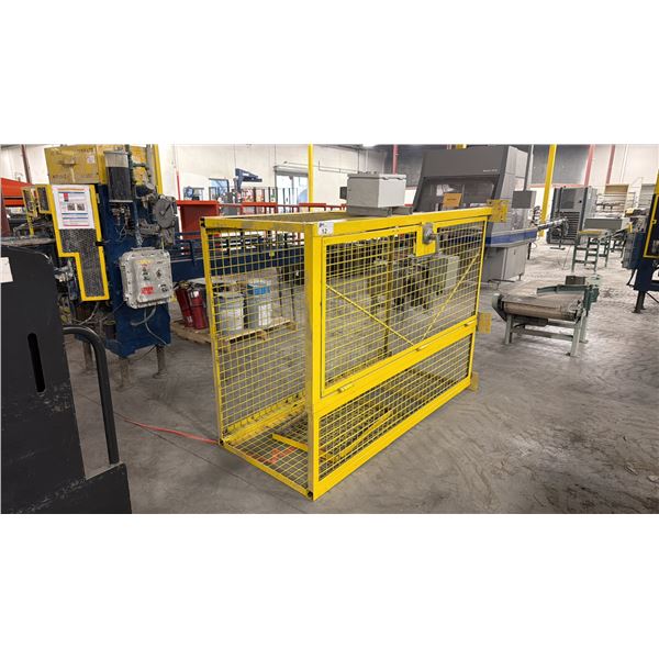 YELLOW METAL MESH SECURITY/SAFETY LOCKING CAGE - APPROX. 32" X 54" X 72" HIGH
