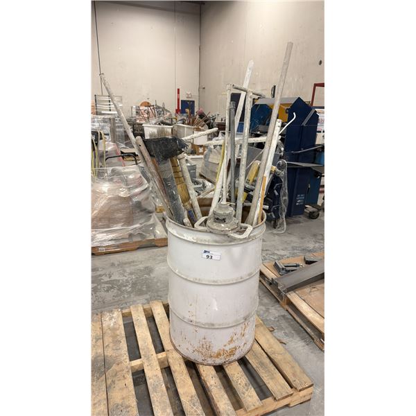 METAL BARREL OF ASSORTED HAND TOOLS