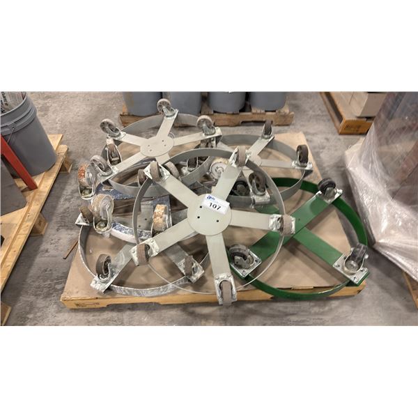 GROUP OF (6) 4 WHEEL ROUND METAL BARREL DOLLIES